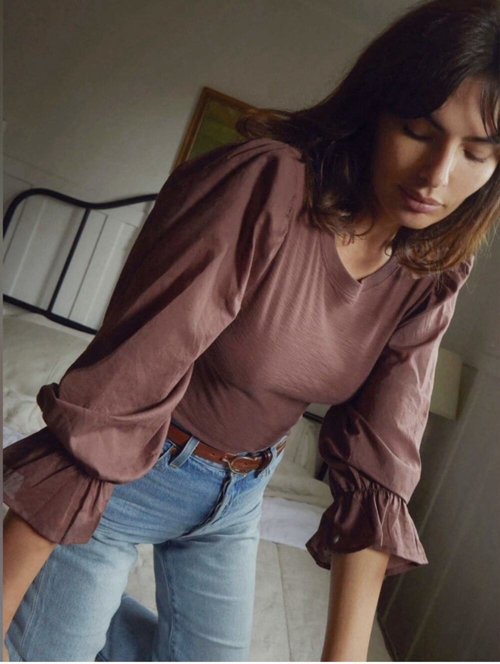 Nation LTD Carly Puff Sleeve Top Pinot Noir Purple XS NWT